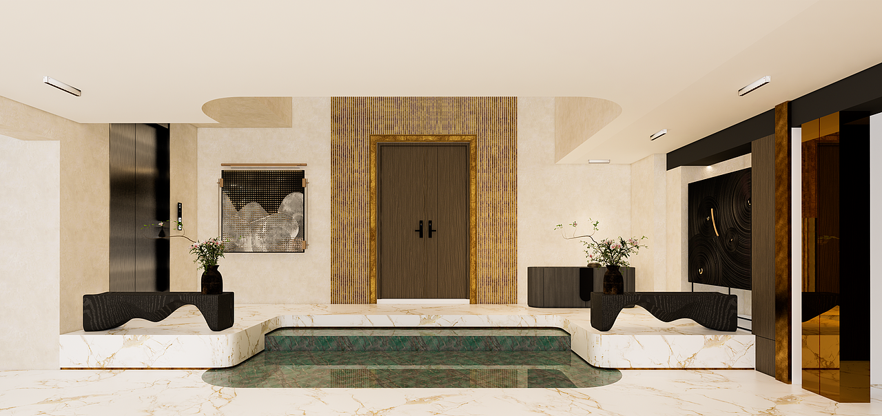 入口区，采用对称形式，创造出强烈的形式感。