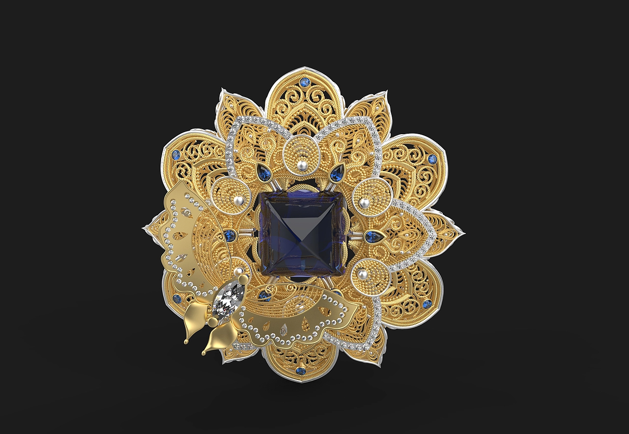 犀牛建模-中国非遗工艺还原-糖塔花丝胸针