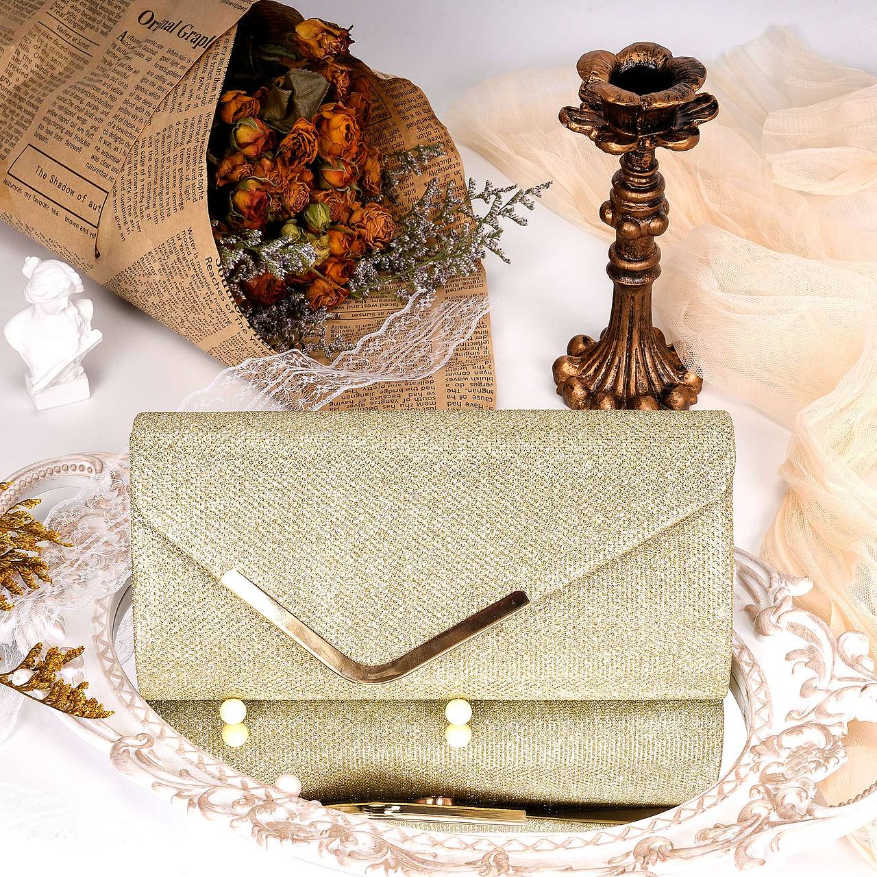 斜口晚宴包黑色,粉色,金色