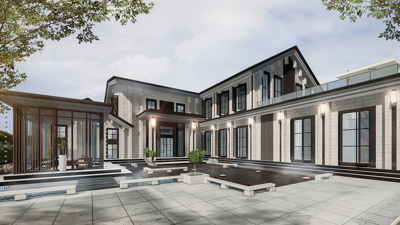 新中式别墅设计效果表现su lumion ps