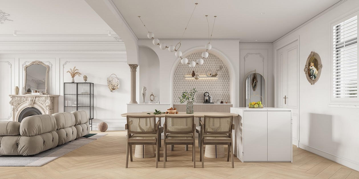 法式奶油风格客餐厅效果图设计