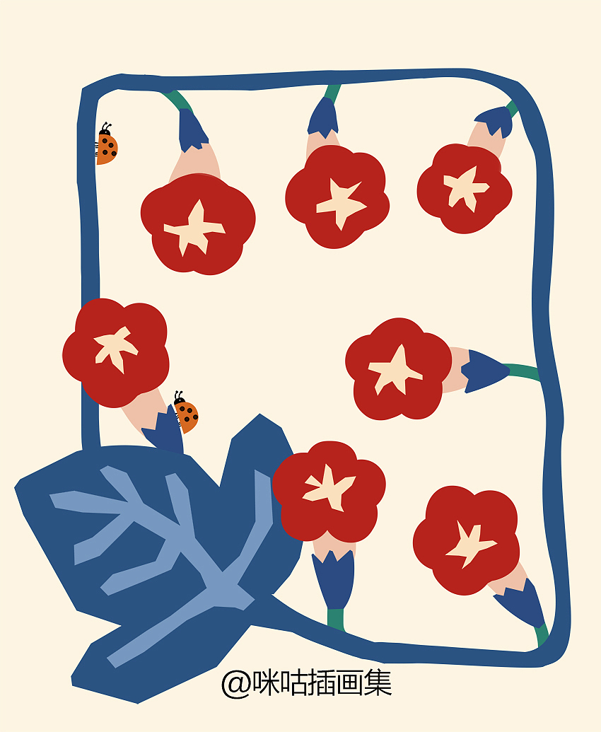 牵牛花插画设计 七朵花 拼贴风格