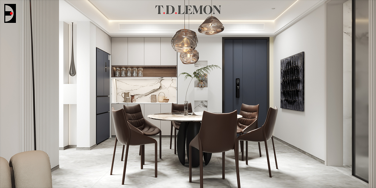 餐厅采用具有艺术感的装饰吊灯营造家居氛围感,同时结合墙面的壁龛造型增加丰富度