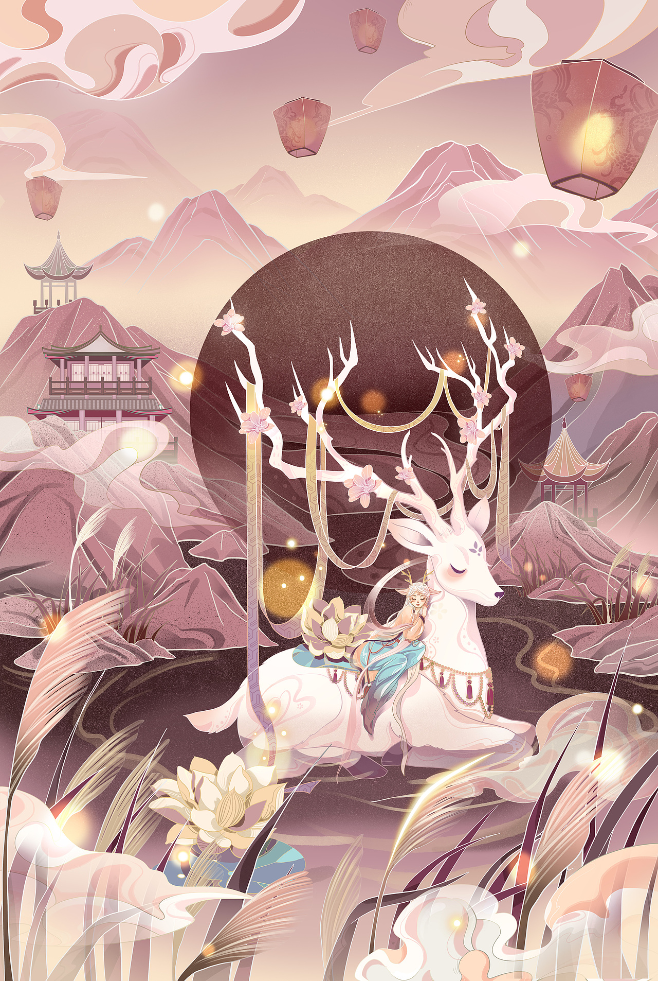 国风插画——白鹿饮溪_目目桃-站酷zcool