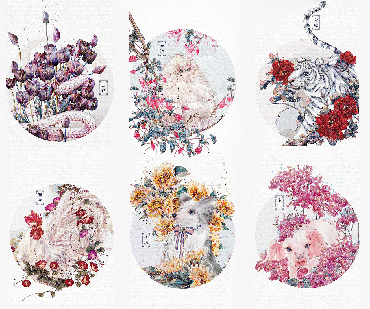 所有动物都是白色系,花卉与动物的搭配,借用花卉特有的寓意特性来突出