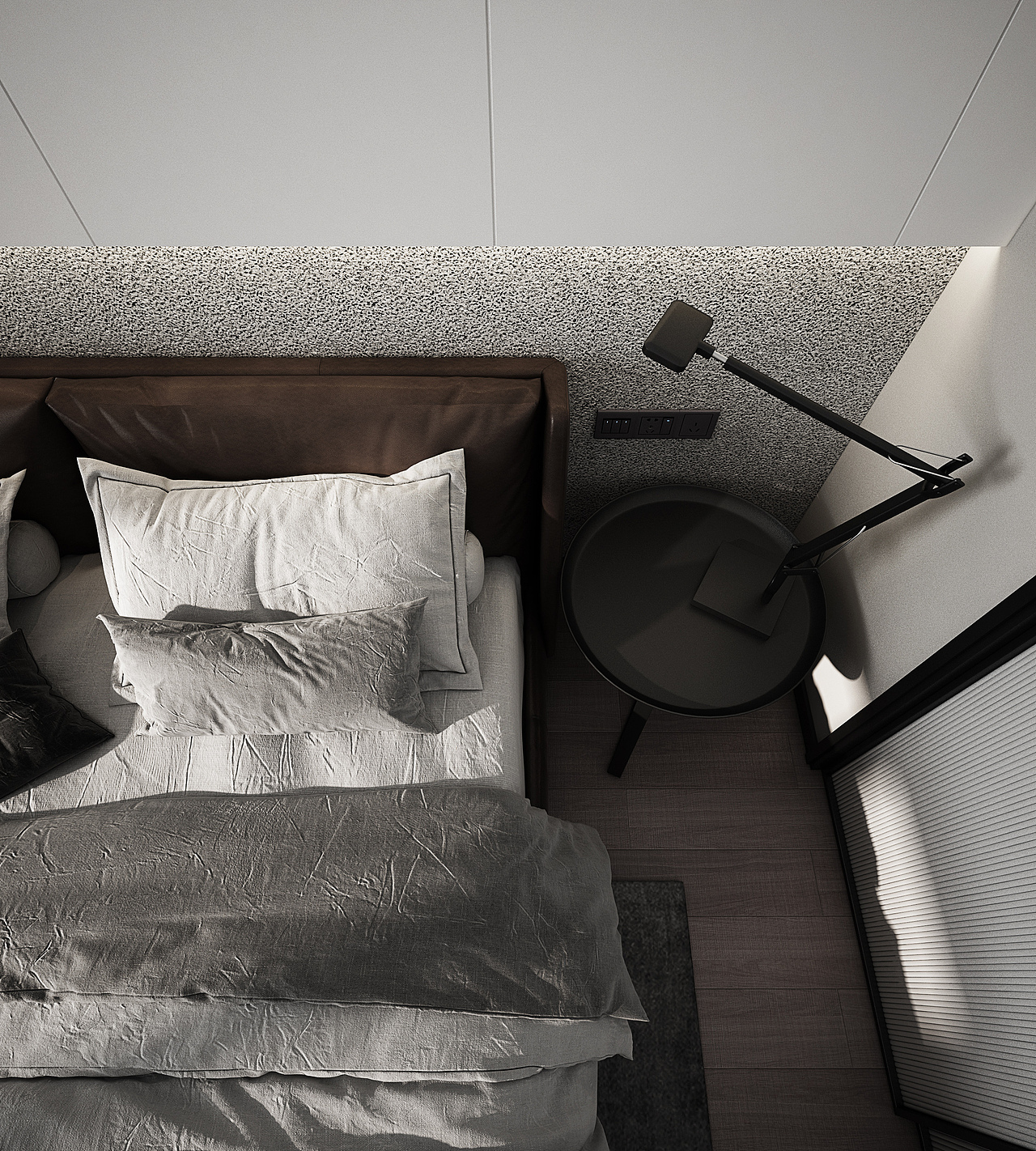 卧室以充满感知性的极简手法,理性的线条,沉稳的调性,在情绪性的光影催化下,勾勒出层次丰富且人文性的空间环境。
The bedroom is full of perceptual minimalism, rational lines, calm tone, and emotional light and shadow catalysis to outline the overall design with rich levels and humanistic space.