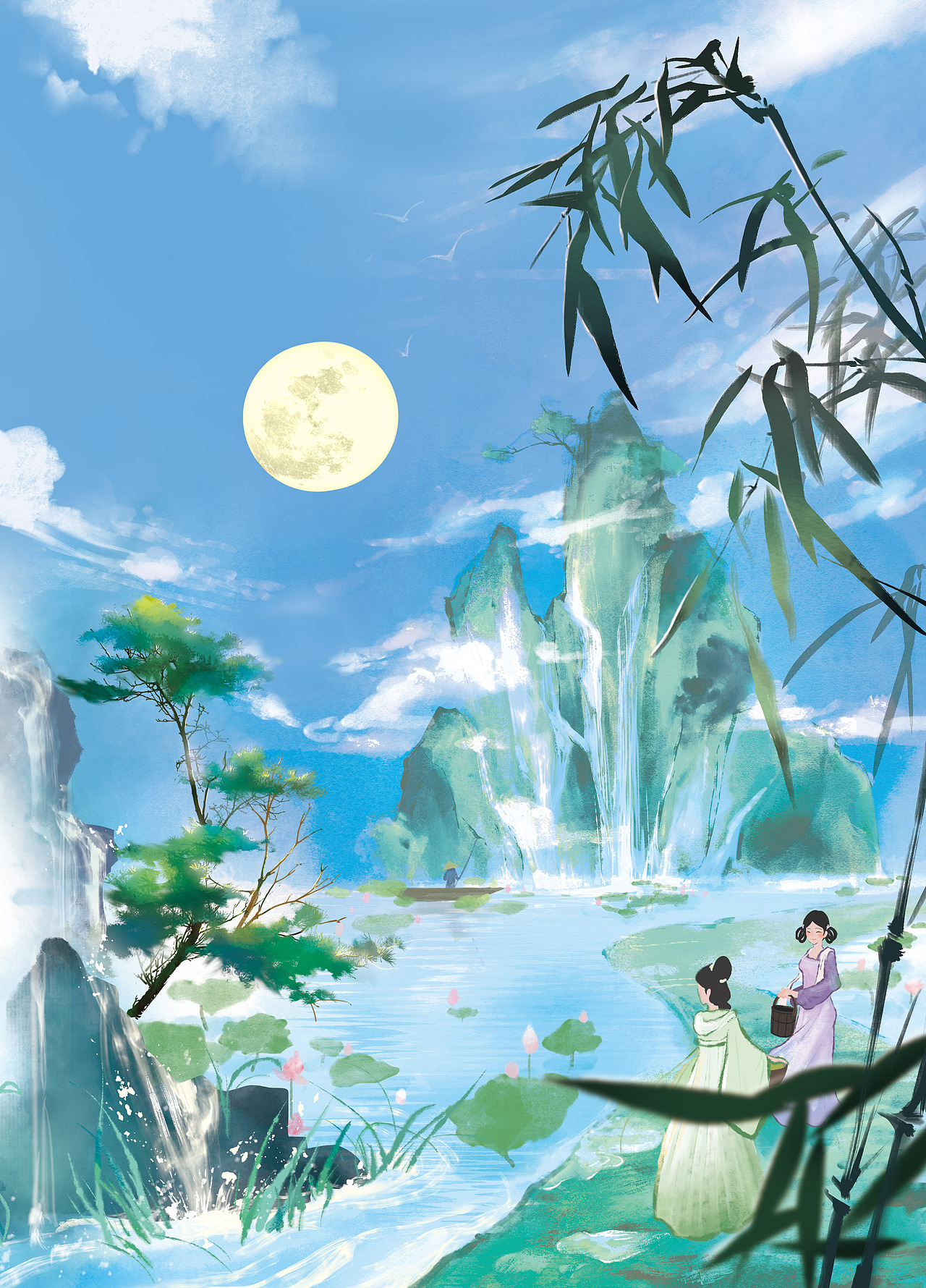 山居秋暝--新的插画风格尝试