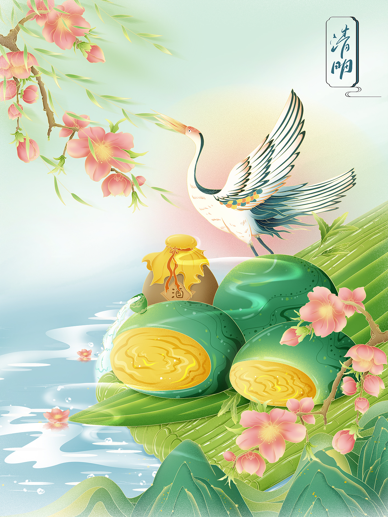 桃花流水白鹤青团清明节插画_成稿_萌鸦插画