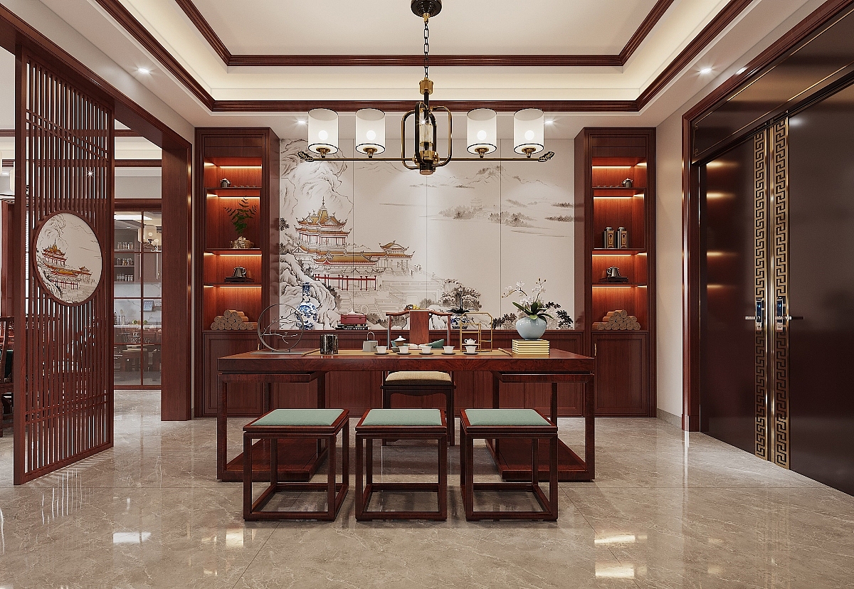 中式红木风客餐厅效果图表现