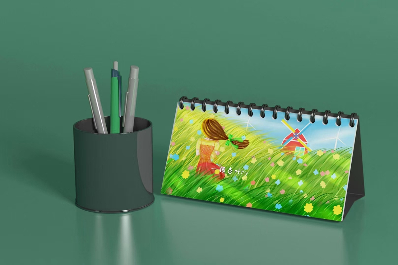 女孩与风车小清新场景插画