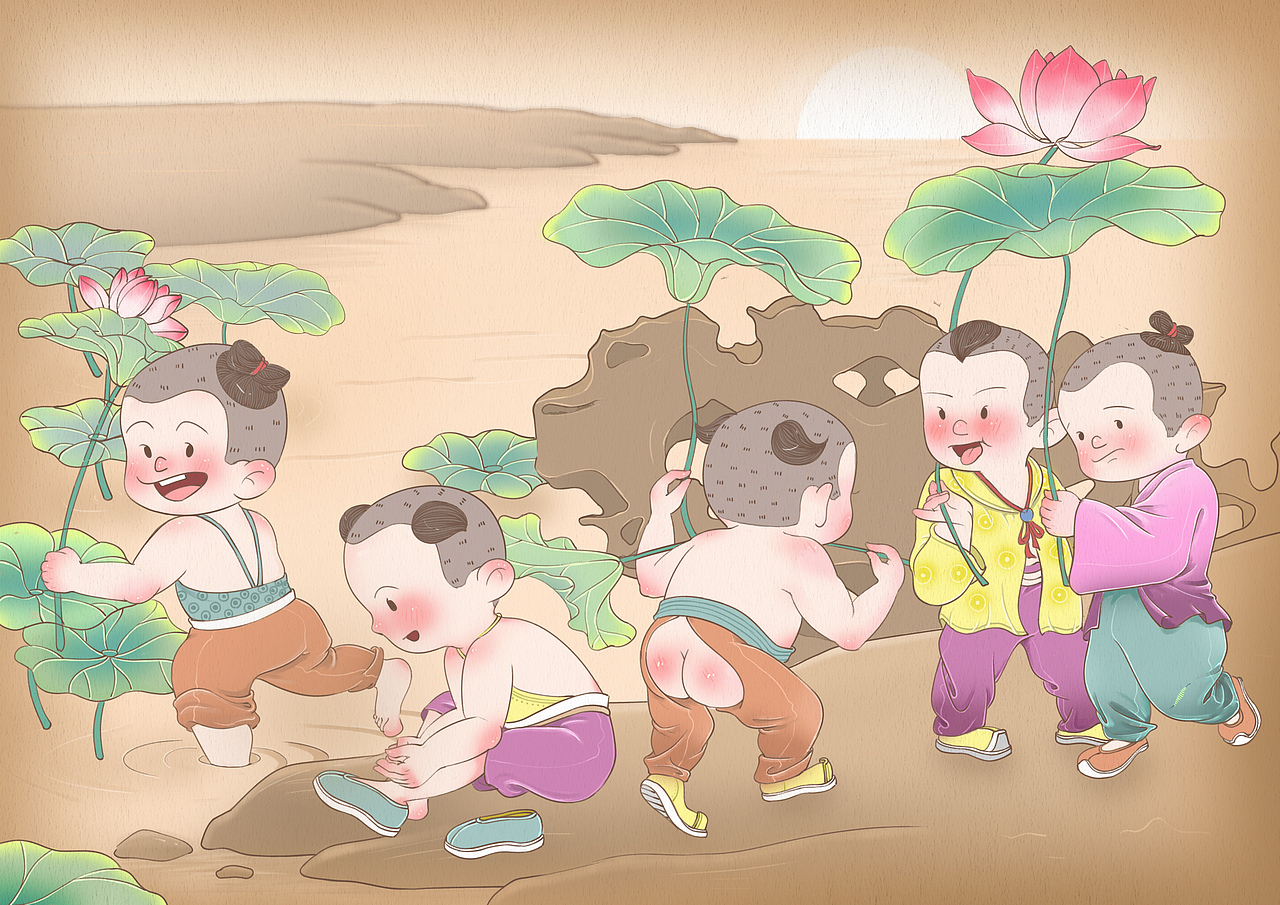 清婴戏荷塘（图ZMjU1NTUwMzI0） - 儿童插画 - 站酷设计师芽米de画原创素材 - 站酷ZCOOL