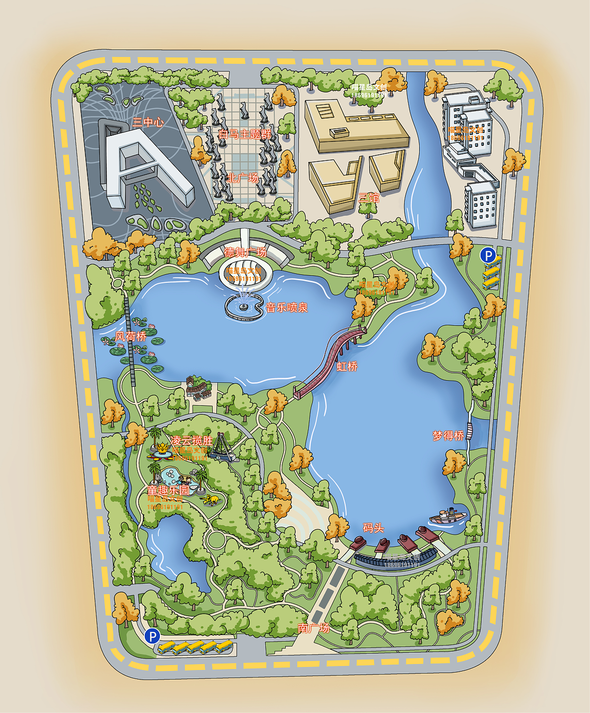 白马湖文化公园旅游手绘地图手机智慧语音地图导览图