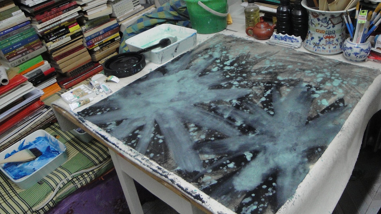 20150513通宵绘制——泼彩《夜色荷塘》两幅(附:绘画步骤图)