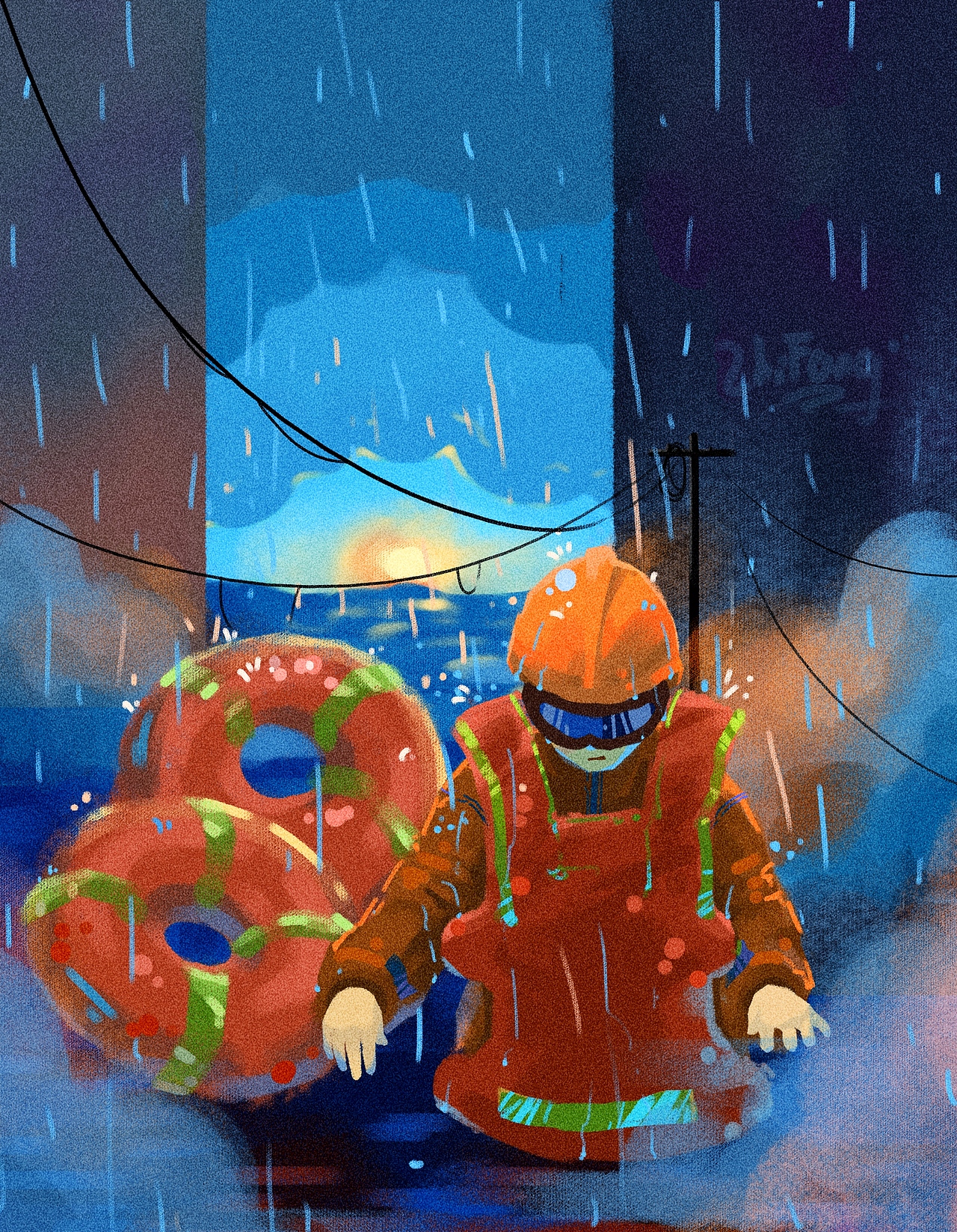 洪灾中的消防员|插画|艺术插画|我方水晶__原创作品-站酷zcool