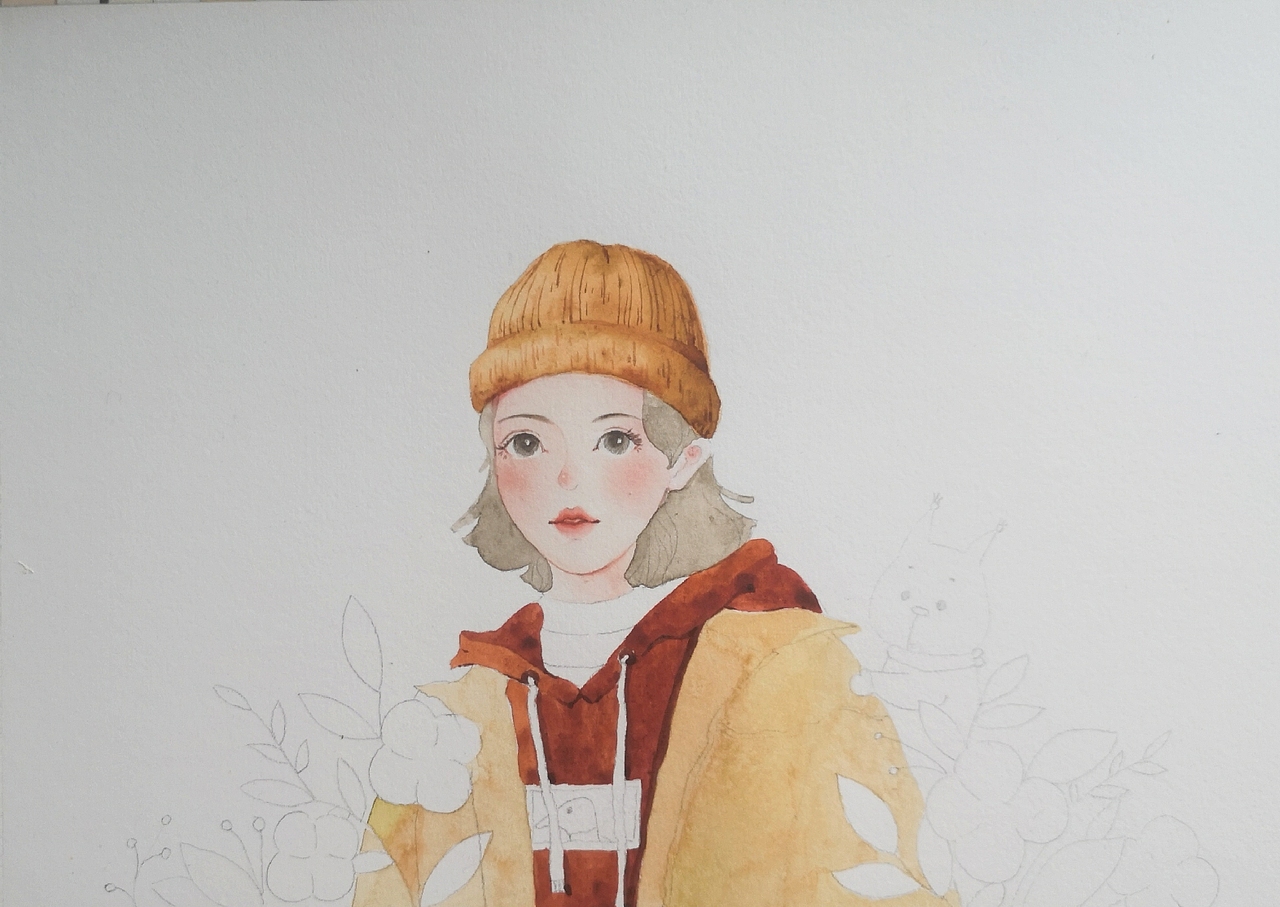 复古水彩少女插画