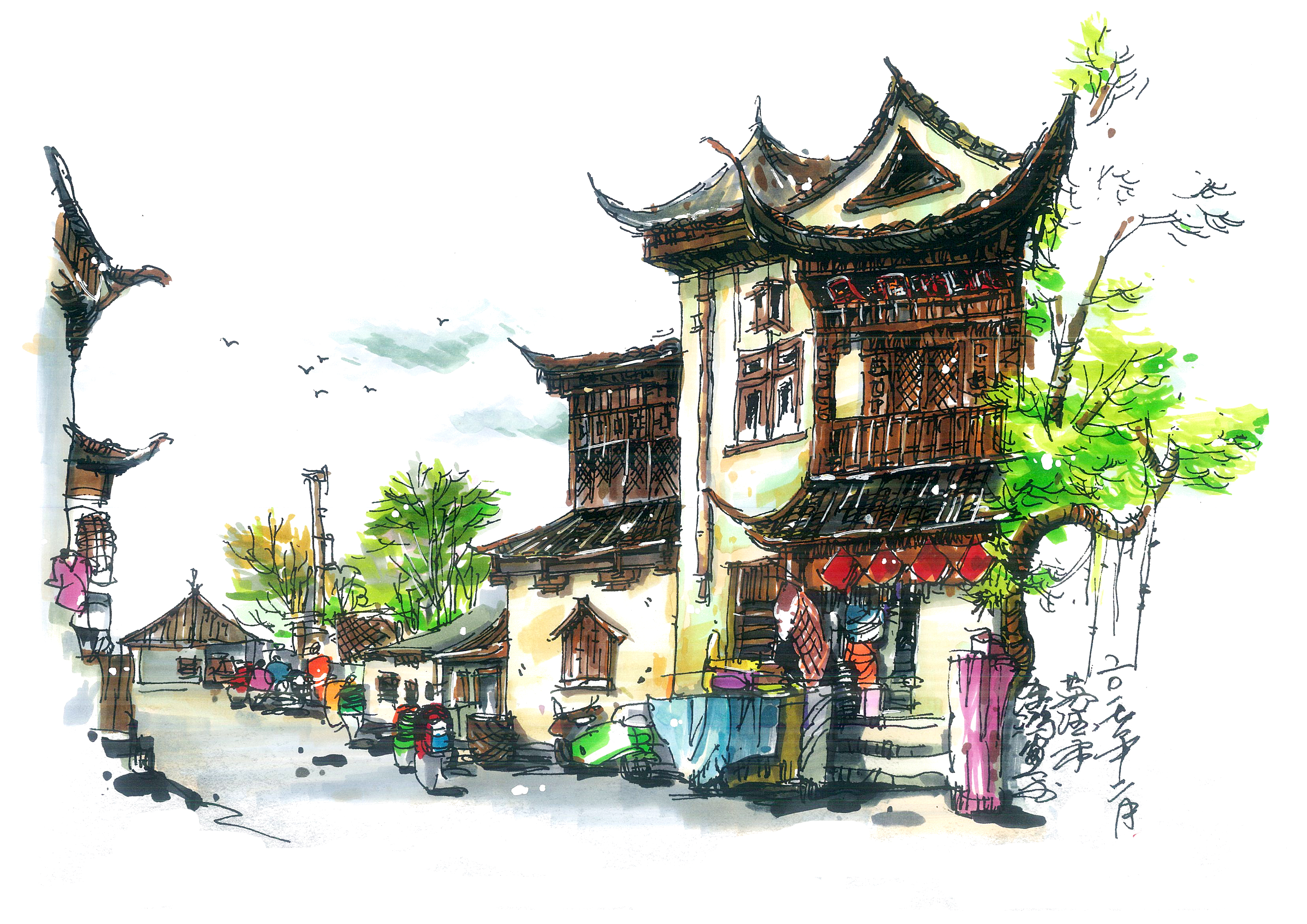 三合村手绘小镇图片