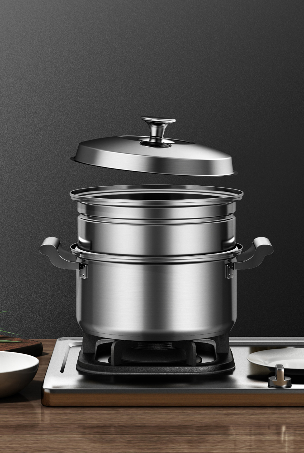 不锈钢厨具渲染煎锅蒸锅煮锅