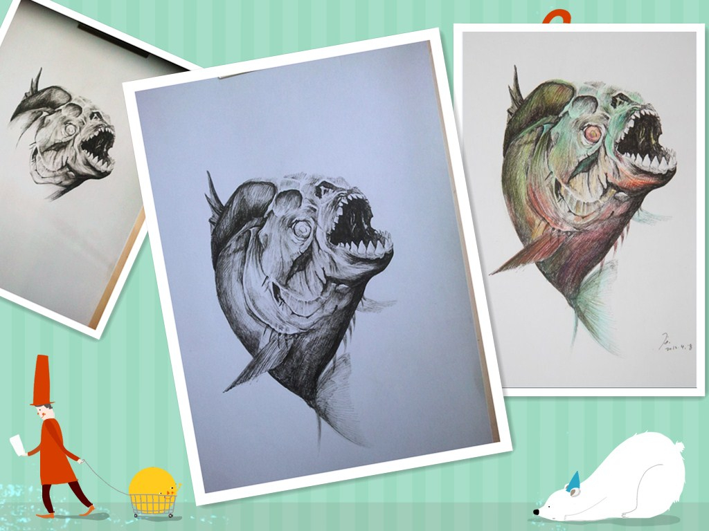 食人鱼素描画图片