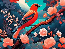 国风复古插画_鹿_燕子_凤凰_花瓣