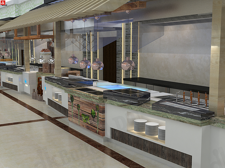 餐饮装潢设计 自助餐厅装修效果图 大理石自助餐台设计