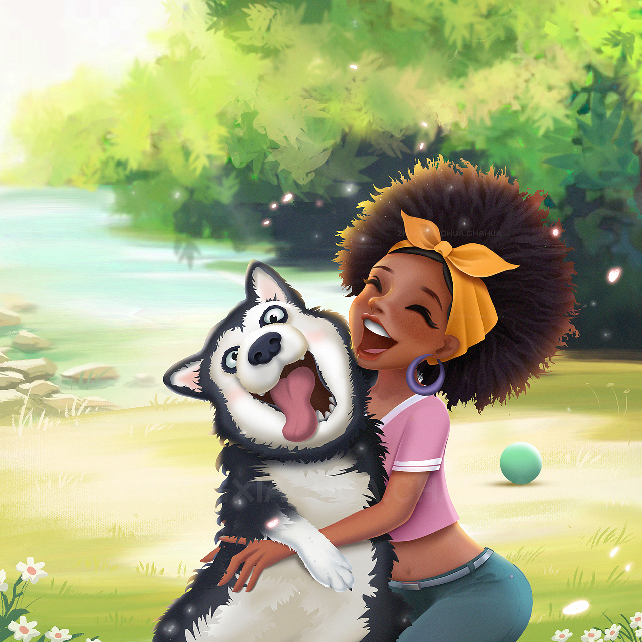 q版游戏原画给人女孩和宠物