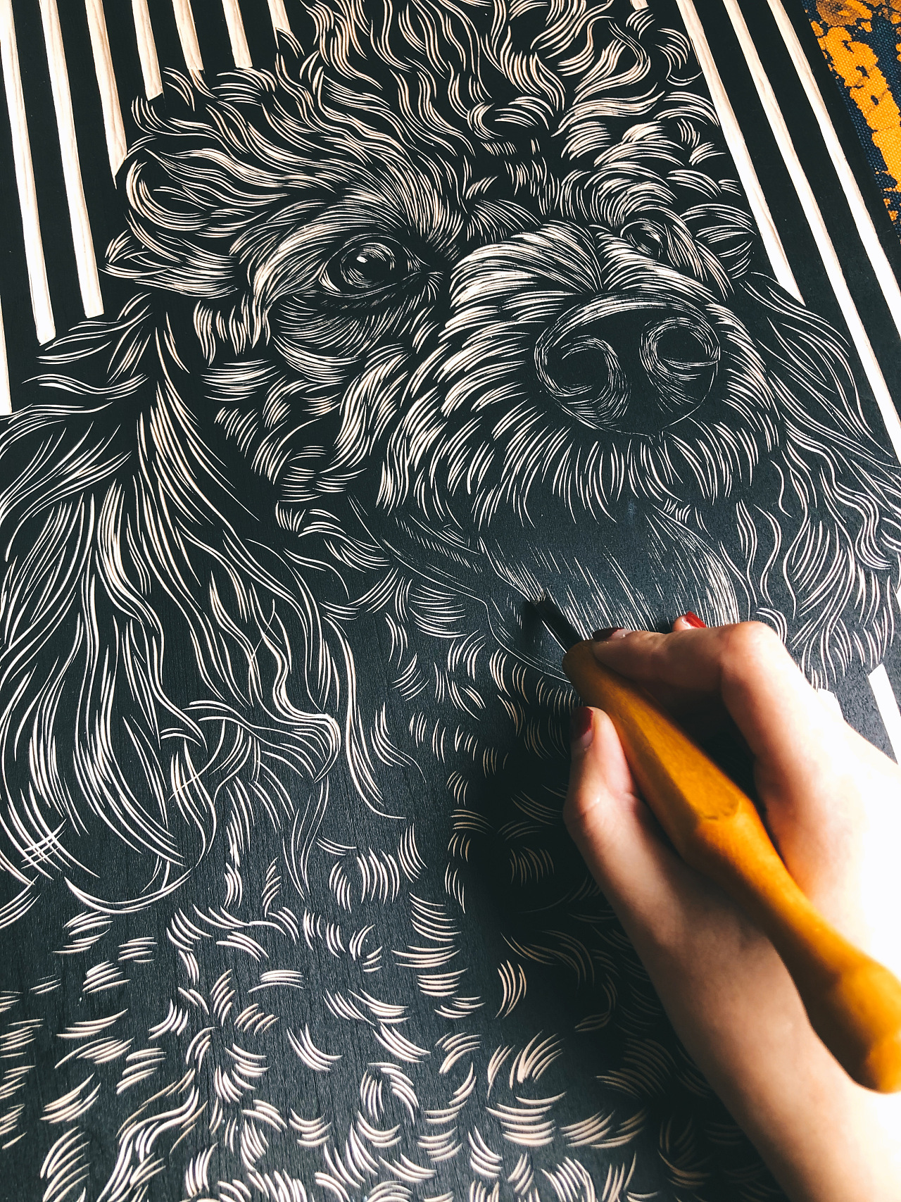 手工雕刻宠物黑白木刻版画