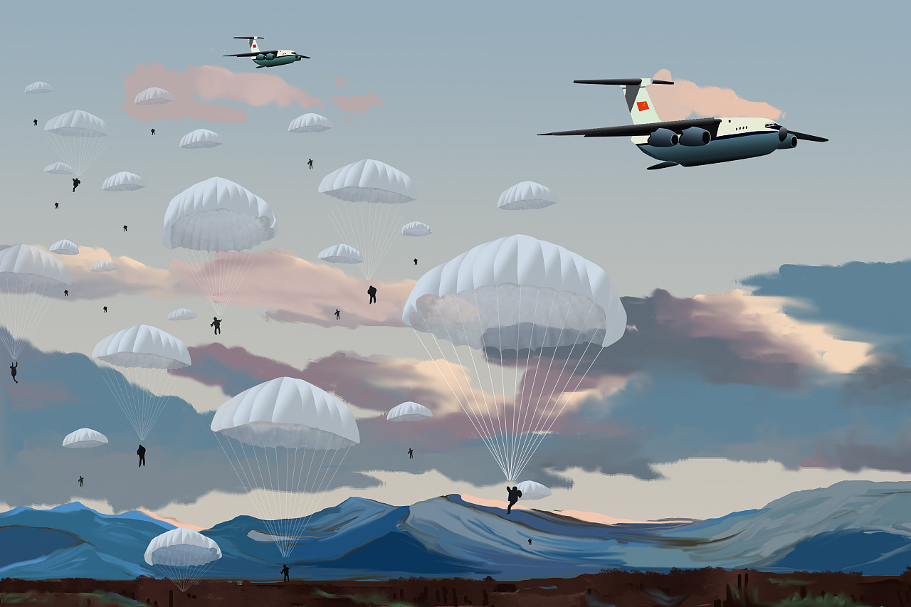 伞兵和伞兵在蓝天上飞行。插画图片素材_ID:164541294-Veer图库