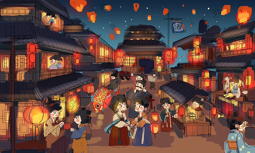 上元节灯会插画（图ZMzIyNDYyMDc2） - 创作习作 - 站酷设计师旁旁爱画画原创素材 - 站酷ZCOOL