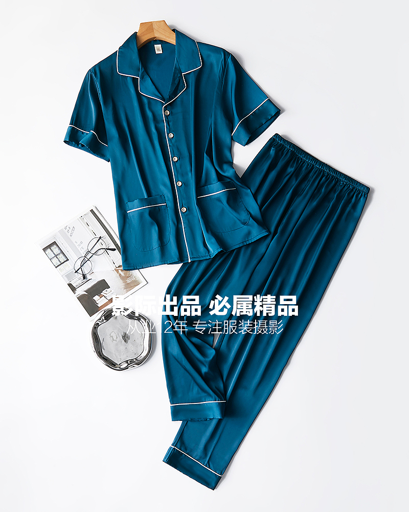 男士真丝家居服白底摆拍#睡衣平铺挂拍