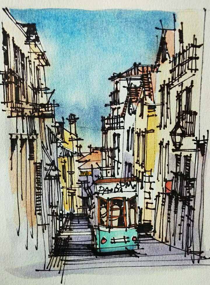 建筑风景钢笔淡彩