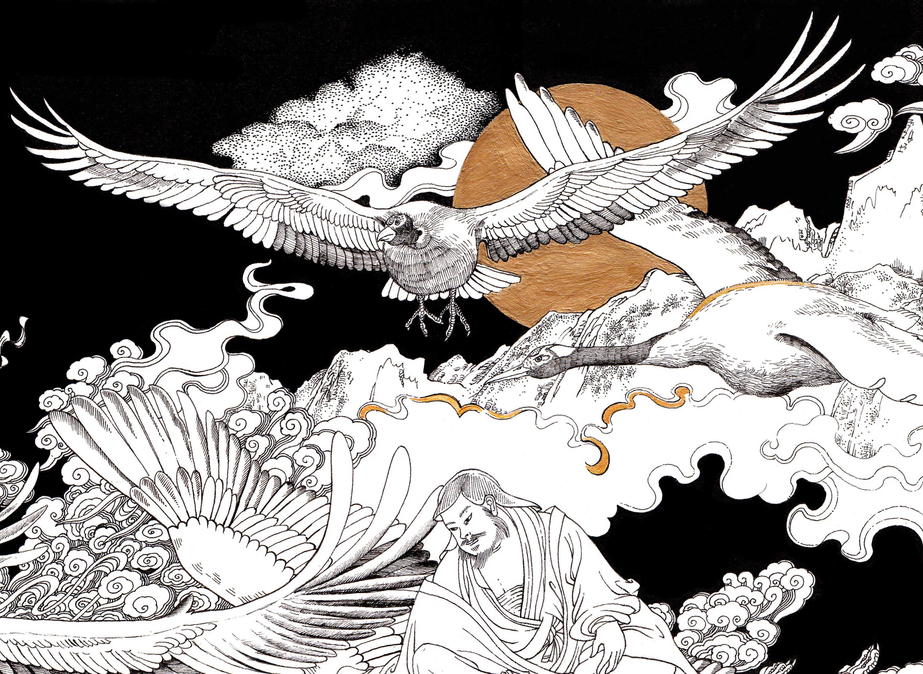 钢笔插画-仙翁九鹤祝寿图