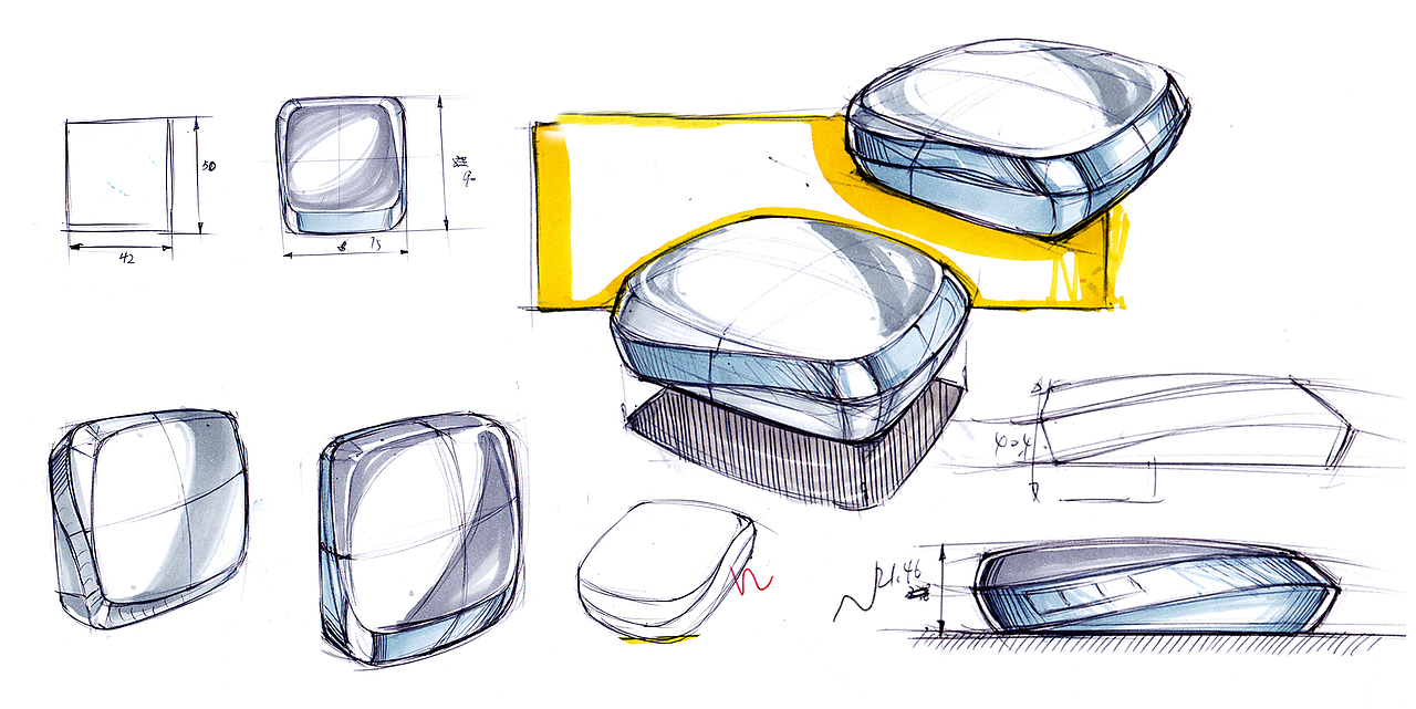 【理解性草图】是对概念性草图的进一步深化,主要是对选定草图方案的进一步优化,可以简单上色,并赋予说明文字,推敲出不同的视角,描绘出产品的细节,便于设计师之间的交流,减少设计理解上的误差。