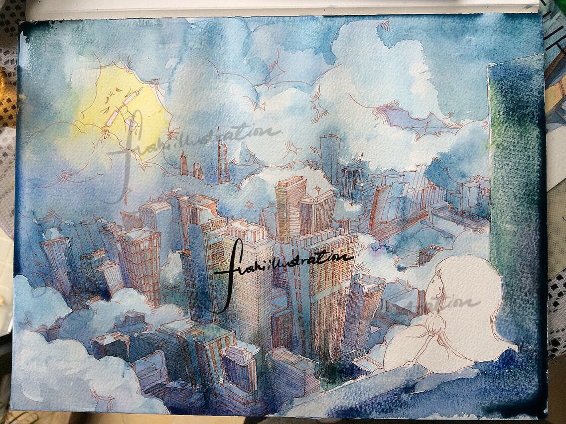 月亮系列——雾霾无法阻挡(水彩作品)小女孩和月亮