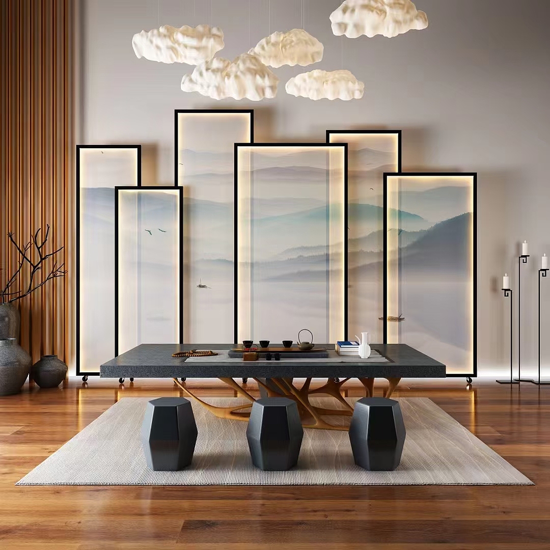 新中式茶室背景屏风应用隔断方案（图ZMjgzNTIwMTM2） - 酒店餐饮设计 - 站酷设计师shunlong2018原创素材 - 站酷ZCOOL