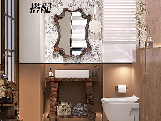 中古风焦糖色搭配，卫生间干湿分离设计