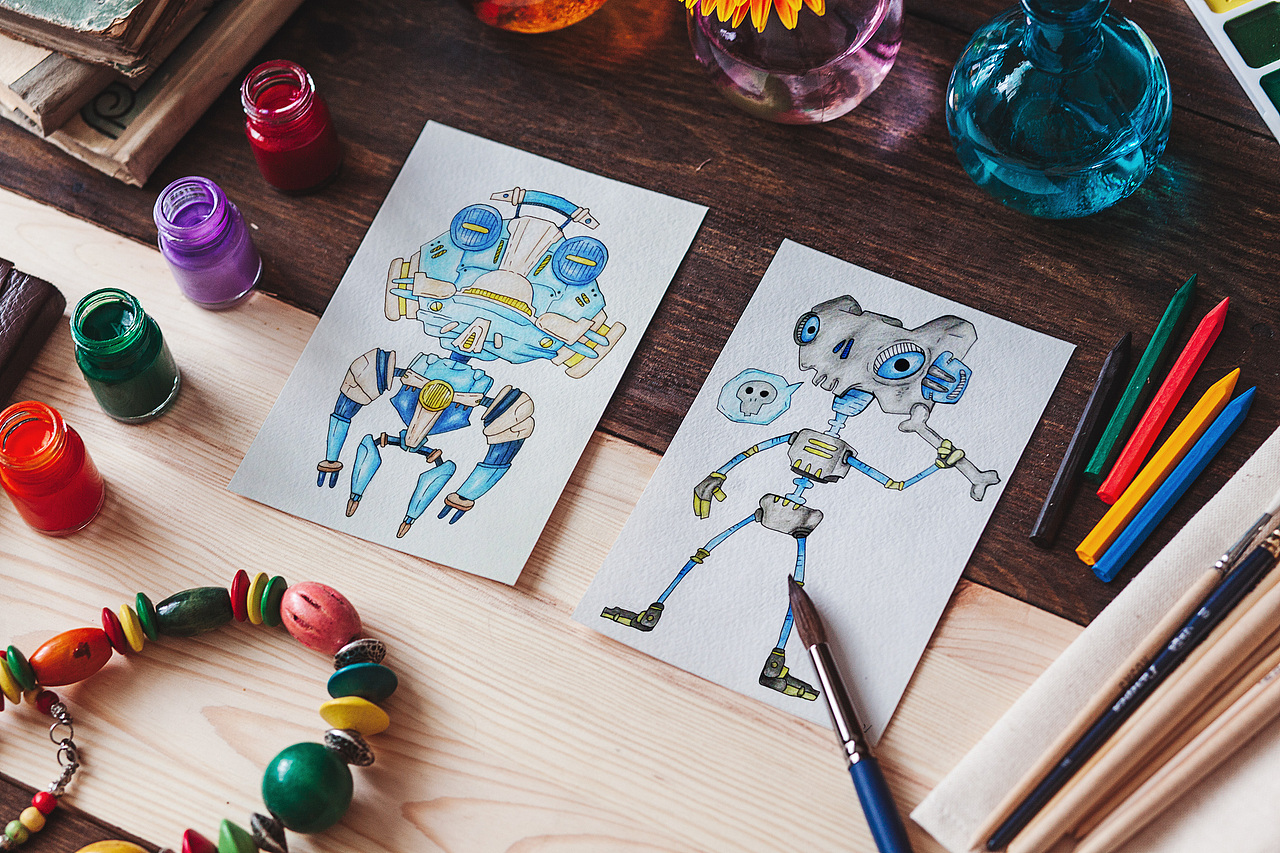 彩铅手绘小机器人系列插画可爱机械朋克风