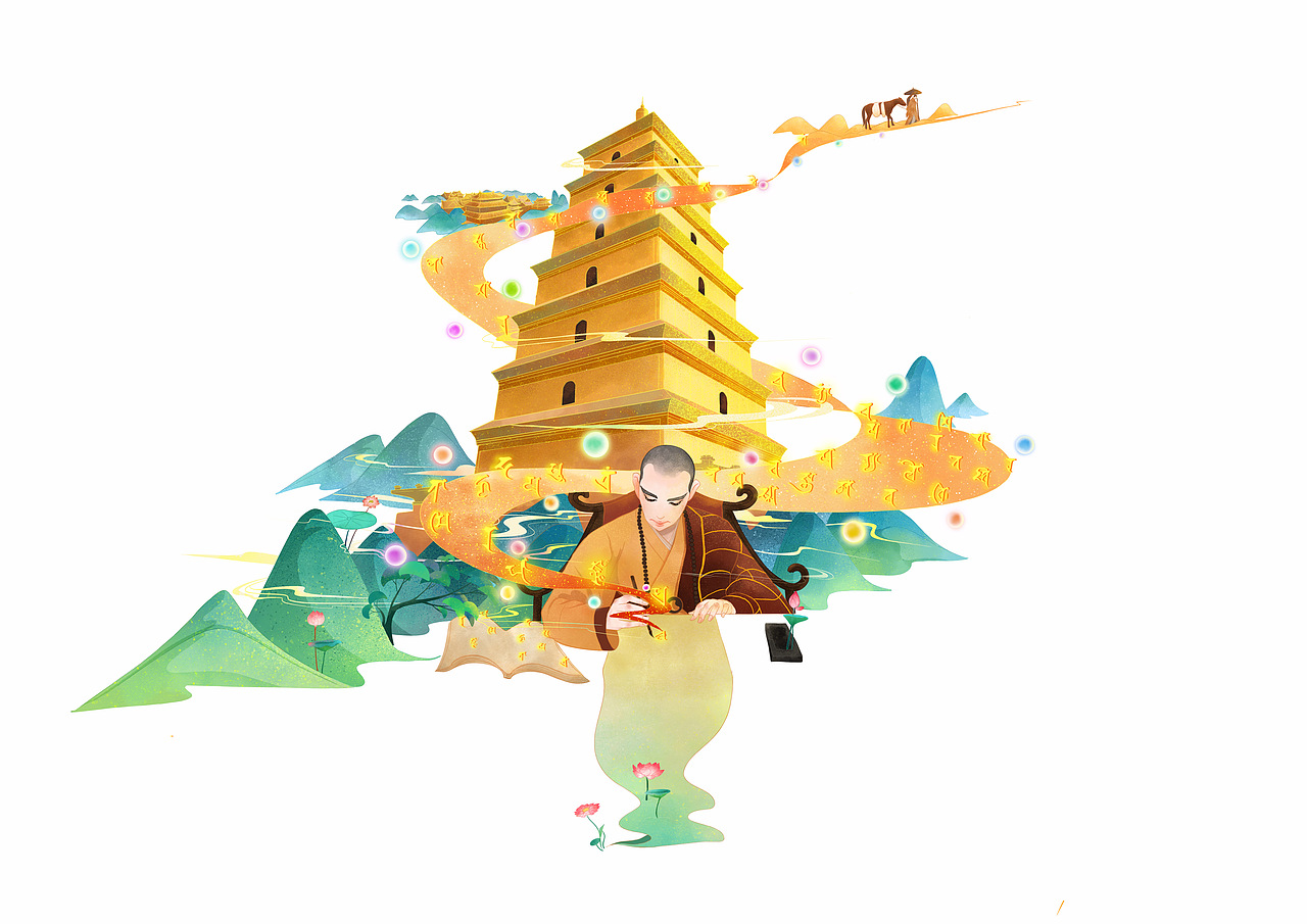 古刹佛塔——景区矿泉水包装插画设计