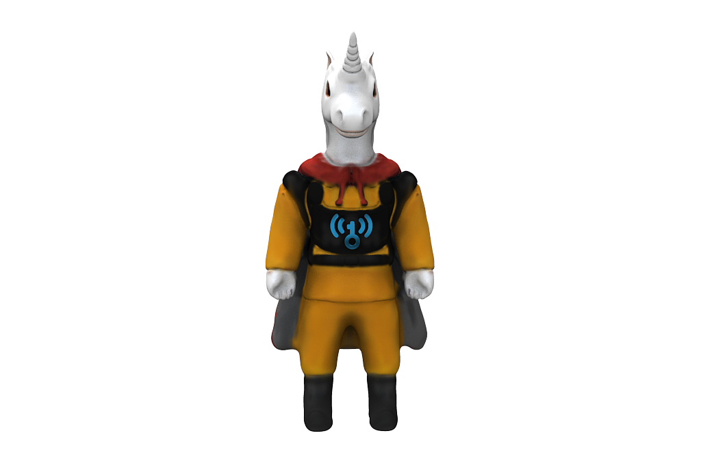 本款吉祥物是以独角兽为原型进行创作,以独角兽的头像结合超人或