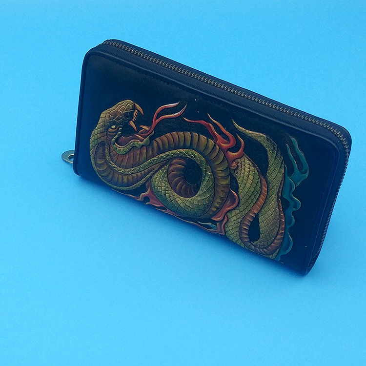 手工皮雕蛇钱包头层牛皮大容量真皮钱夹生肖蛇个性拉链包