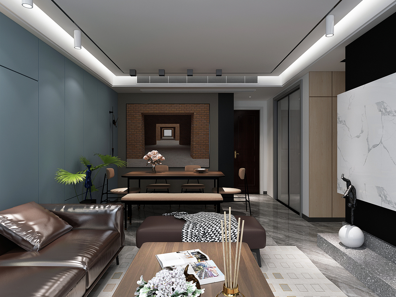 餐厅背景采用一副透视关系的装饰画,作为拉伸空间的点睛之笔。