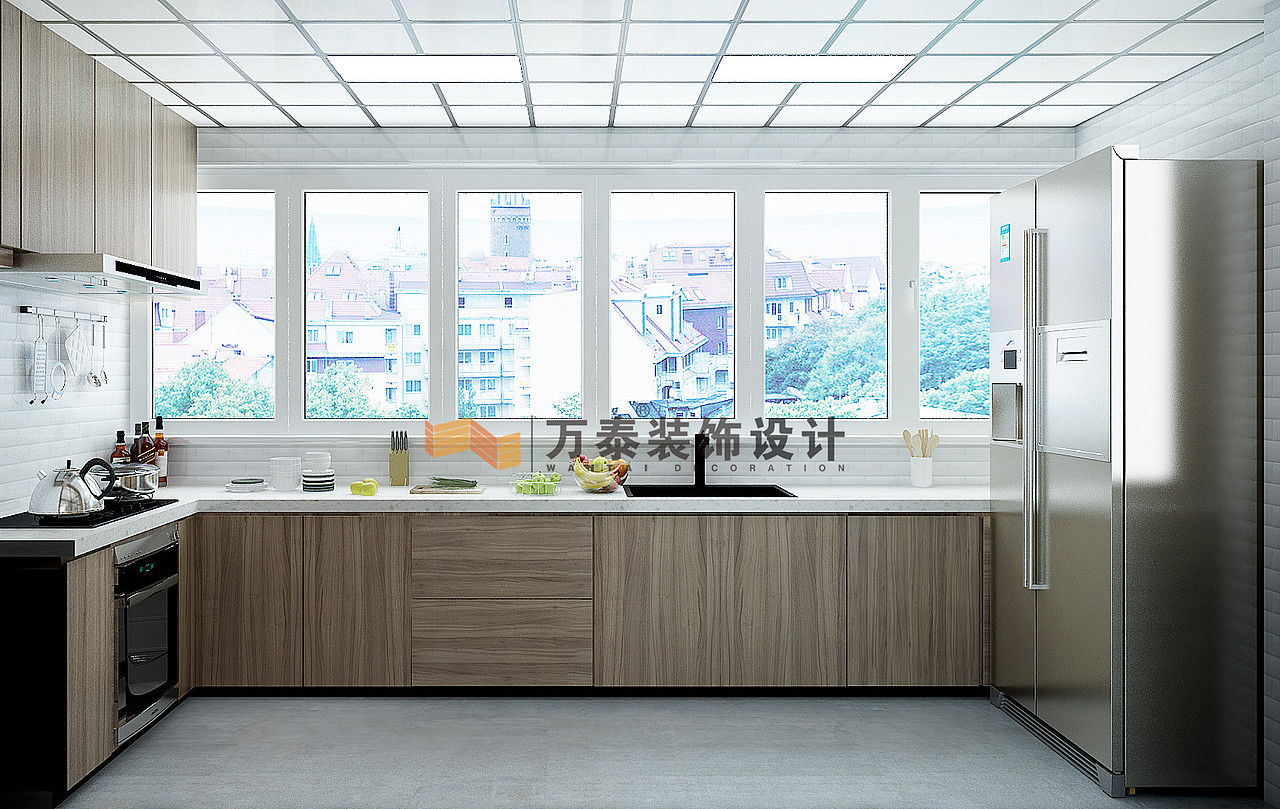 厨房面积虽大,但是由于窗子的原因,基本没有吊柜,然而地柜由于取物较为不便,进深较大的原因,真正好利用的也就是第一层抽屉;因此在旁边卧室做了拓展使用