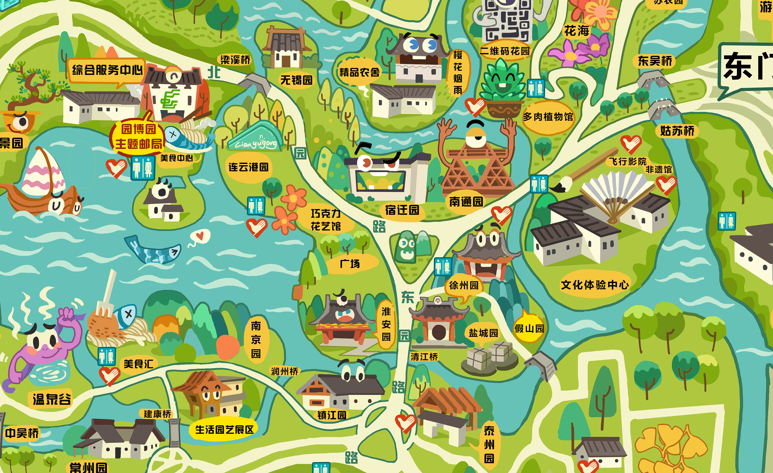 清新又清晰的郑州园博园手绘导览图，包含200多个特色建筑 @广告门