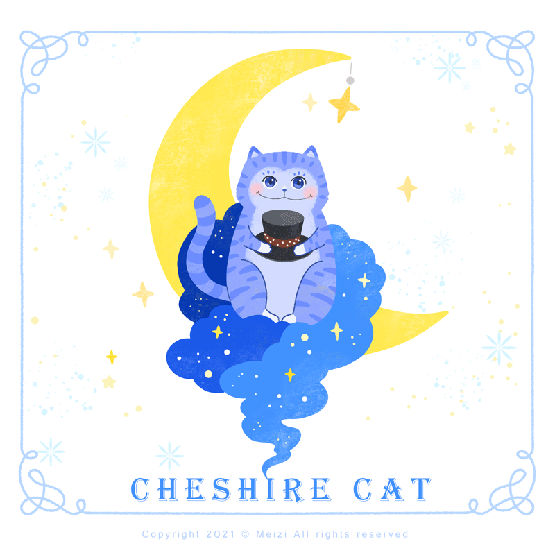 柴郡猫是一只能随时现身随时消失的短毛猫,化身成一团云雾,只留下它神秘的微笑漂浮在空中。