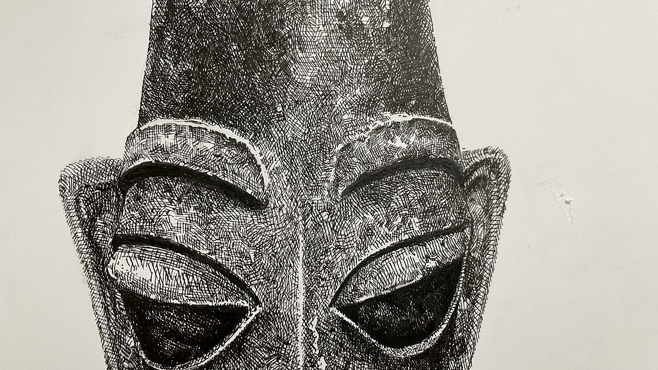 钢笔画-三星堆青铜人面具_侘寂景观-站酷zcool