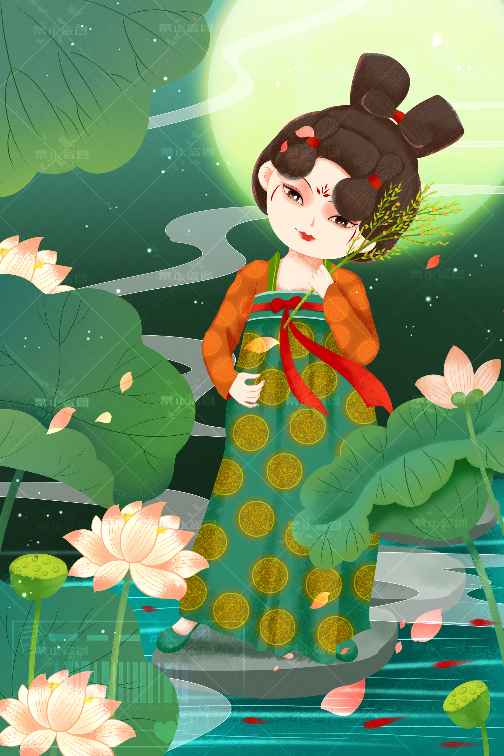 一组夏日荷塘插画 古风 现代 国潮 扁平 商稿