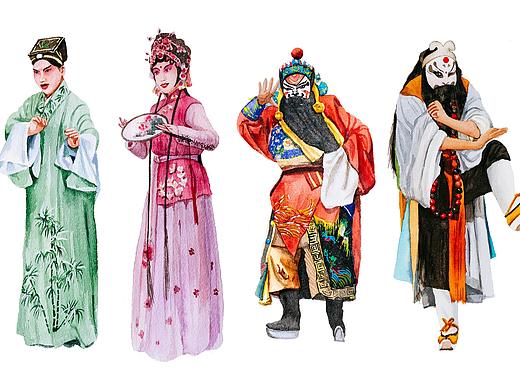 昆曲-生旦净末丑水彩画