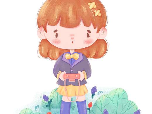 可爱小女孩拿着相机穿着校服可爱呆萌插画