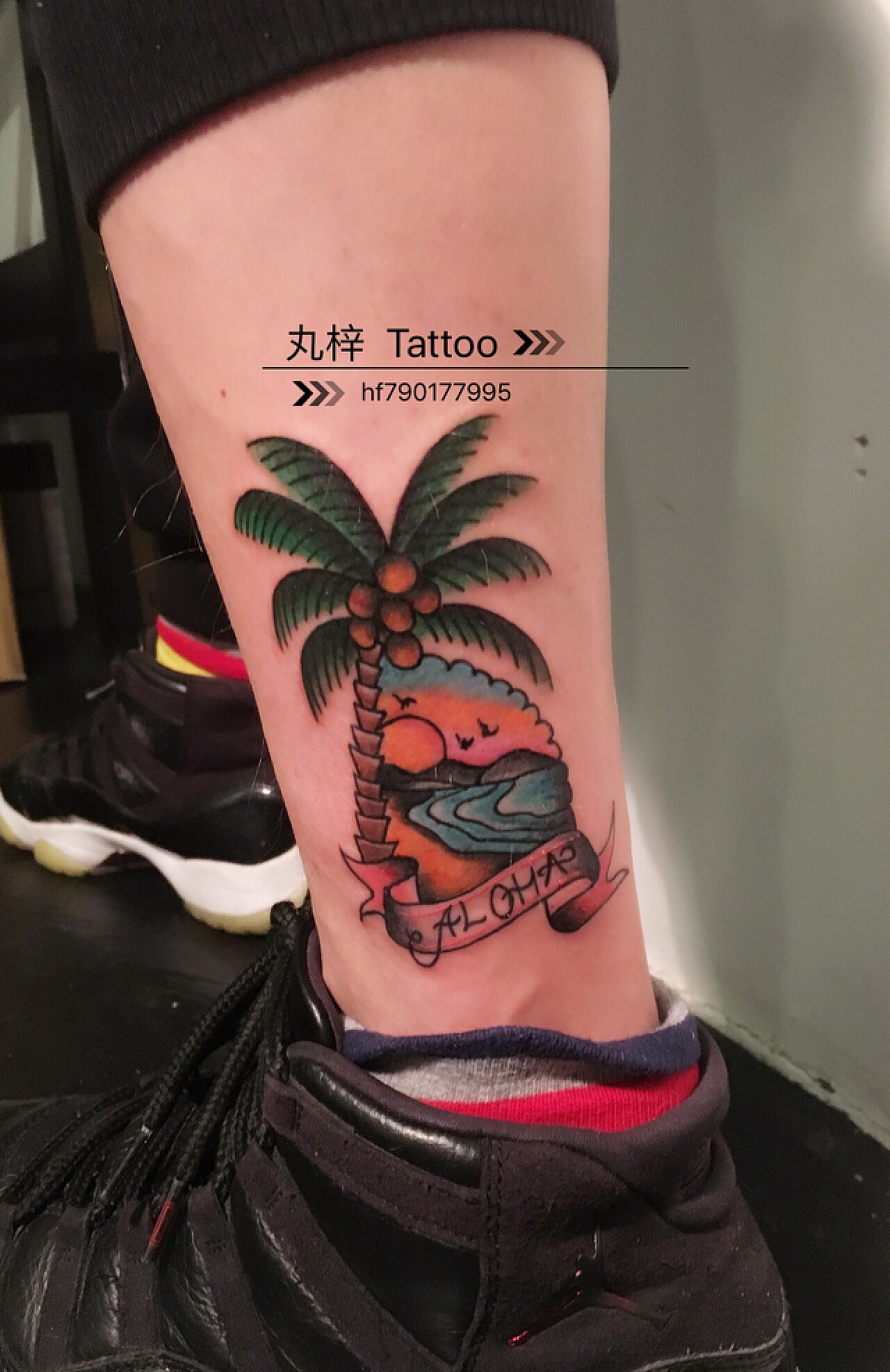 情侣脚踝椰子树沙滩纹身图案 - 武汉纹彩刺青
