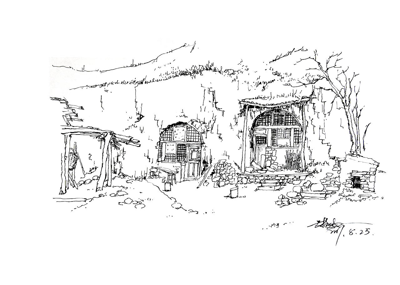 黄土高原风景——窑洞速写