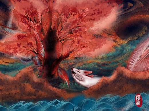 唯美古风手绘大树九尾狐国潮桃花树山水山海经神仙妖怪